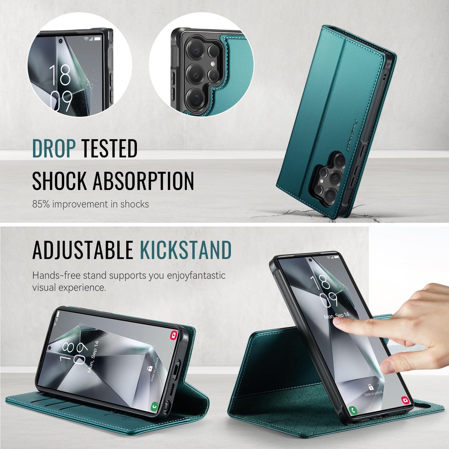 PlusnapX Wallet Case for Samsung Galaxy S24 Ultra Compatible with Magsafe, 2-in-1 PU Leather Flip RFID Blocking Card Holder Stand Shockproof Magnetic Detachable Cover for Galaxy S24 Ultra, Bluegreen