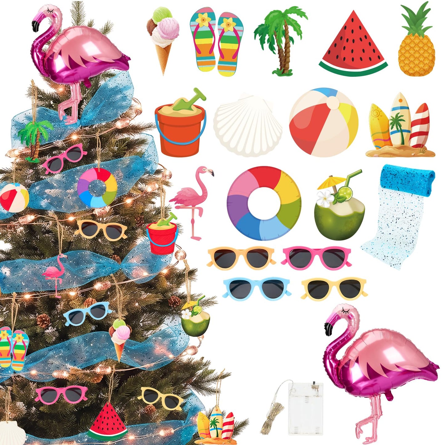 31 Pcs Summer Tree Ornaments Set, Christmas in July Wooden Crafts, Tropical Hawaiian Tree Hanging Decorations with Flamingo Balloon Sunglasses String Lights for Luau Hawaiian Party Holiday Decor