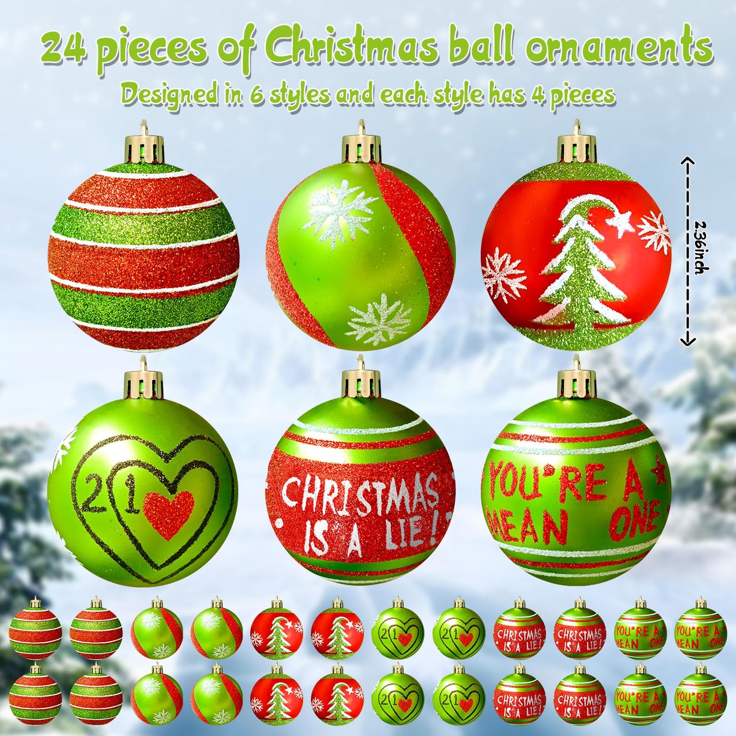 24 Pcs 2.4 Inch Christmas Ball Ornaments,Glittering Plastic Hanging Decorations Swirl Candy Cane Peppermint Red and Green Christmas Tree Pendants for Xmas Tree Decoration
