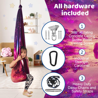 HiCamer Double Layer Sensory Swing for Kids & Adults Holds up to 300lbs Indoor and Outdoor Therapy Cuddle Swing with 360° Swivel Hanger Kit Adjustable with Aspergers Autism ADHD (Fantasy Pink)