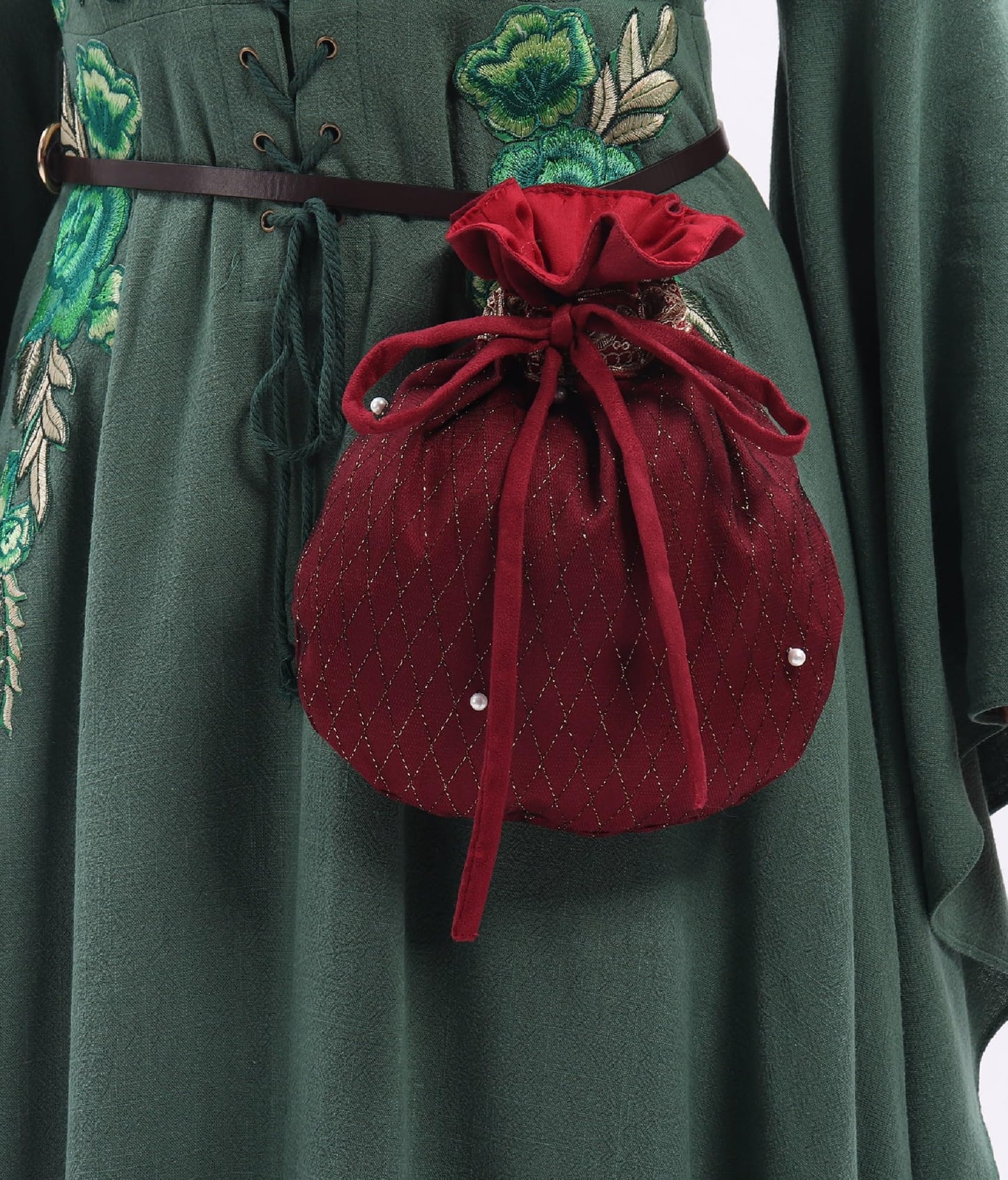 Medieval Velvet Pouch with Beads Drawstring Belt Purse Renaissance Waist Coin Bag for Ren Faire (Wine)