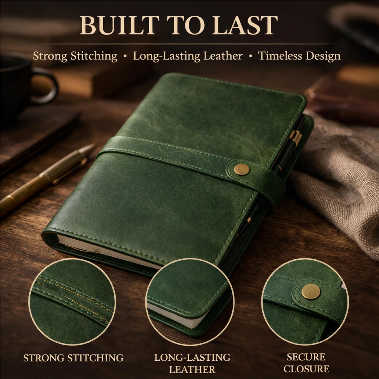 TheAntiq Genuine Leather A5 Journal Cover with Snap Closure – Handmade Refillable Notebook with Card Slots, Pen Holder, Travel Writing Diary for Office & Gift Use 5.75 x 8.25 (Green)