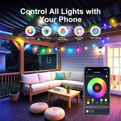 Outdoor String Lights 96ft(2×48ft), Patio Lights with 30 Dimmable LED Bulbs, RGBW & Warm White, IP66 Waterproof, Shatterproof, APP & Remote Control, Color Change, Customizable for Backyard