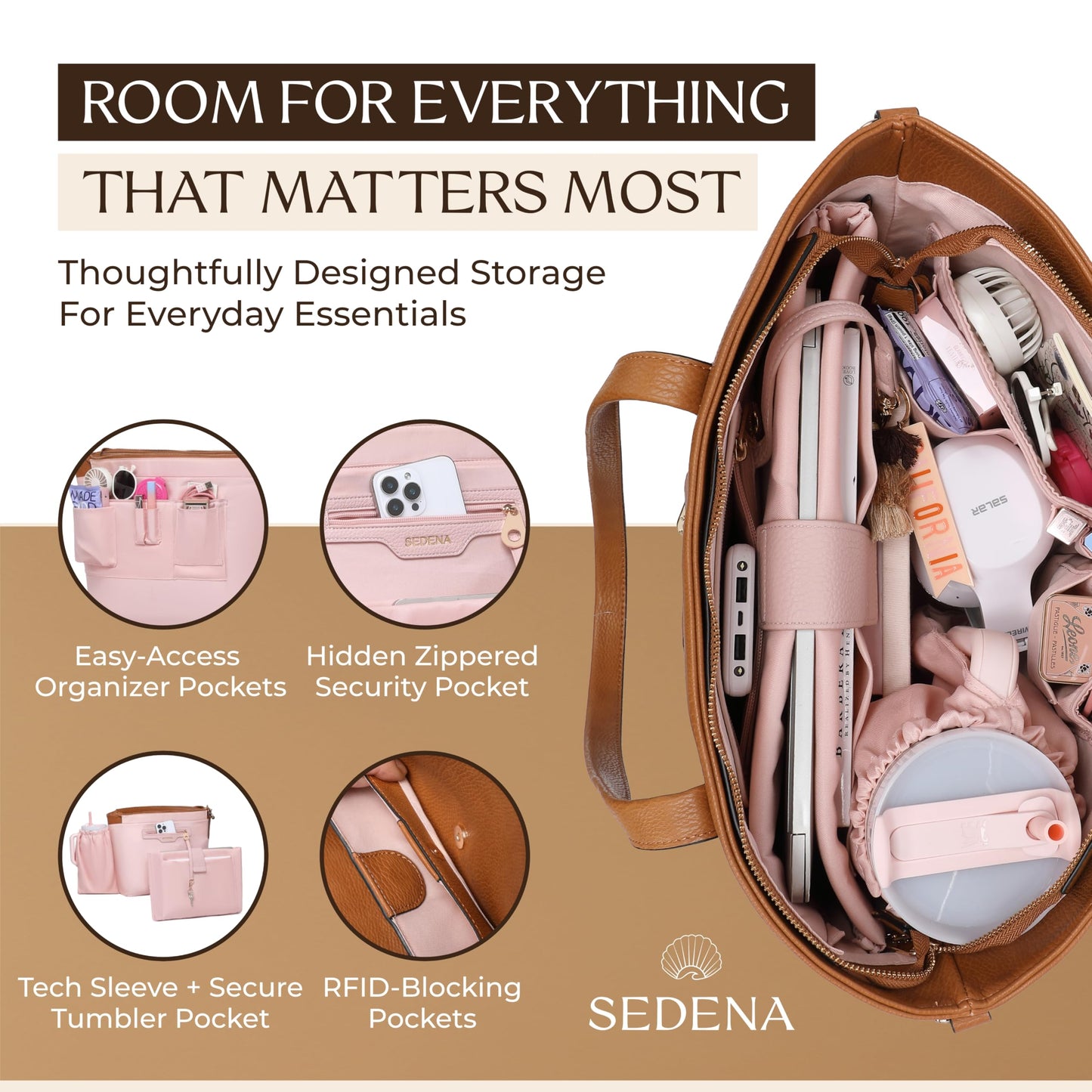 sedena Women’s 16” Laptop Tote Bag – Brown Vegan Leather Work Bag with Cupholder, RFID Pockets, Anti-Pickpocket Zipper, Travel Tote with Trolley Sleeve & Detachable Laptop Sleeve