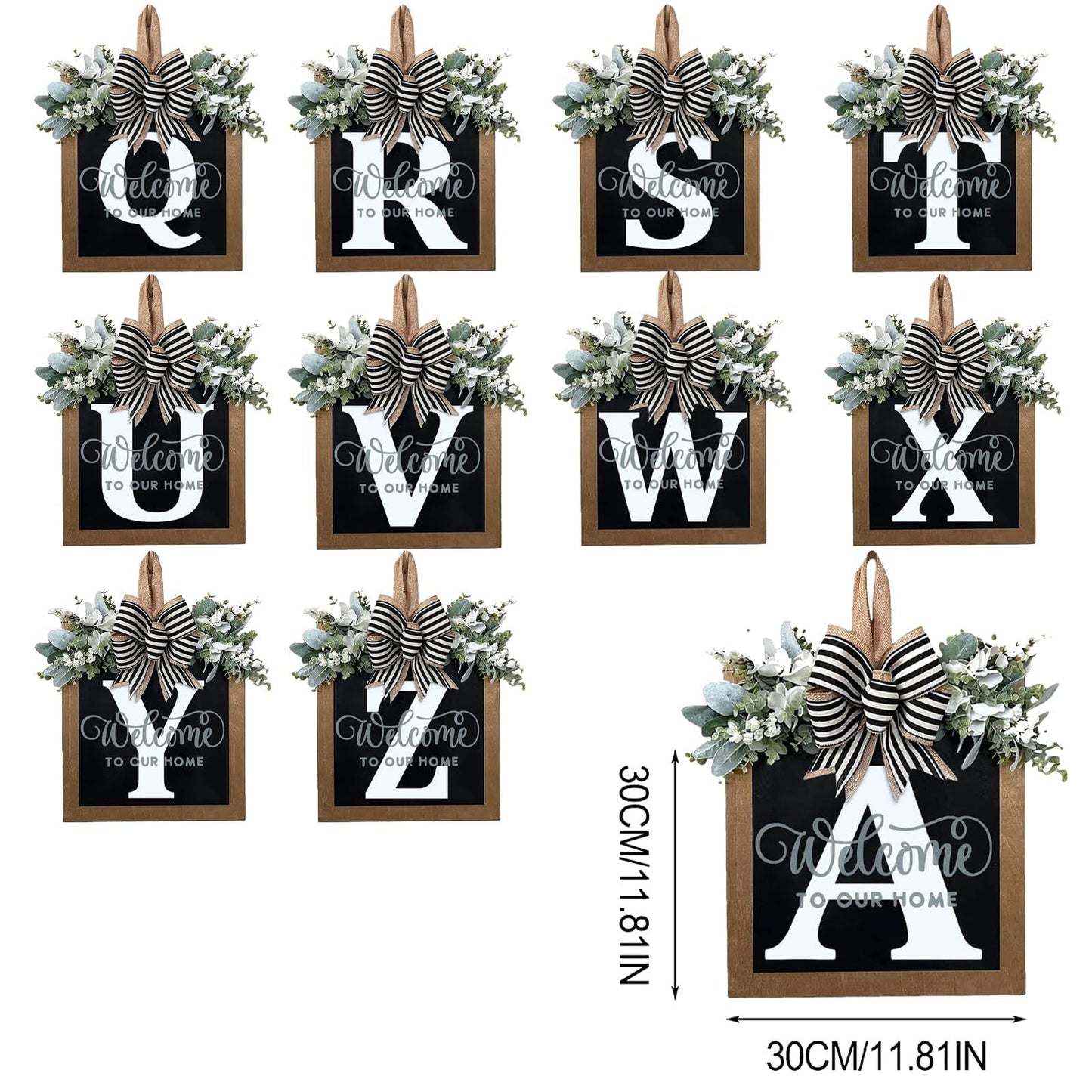 Last Name All Year Round Front Door Wreath with 26 Initial Letter Welcome Sign All Seasons Eucalyptus Garland and Bow ，Farmhouse, Porch, for Spring Summer Fall All Seasons Holiday Halloween Christmas.（K）