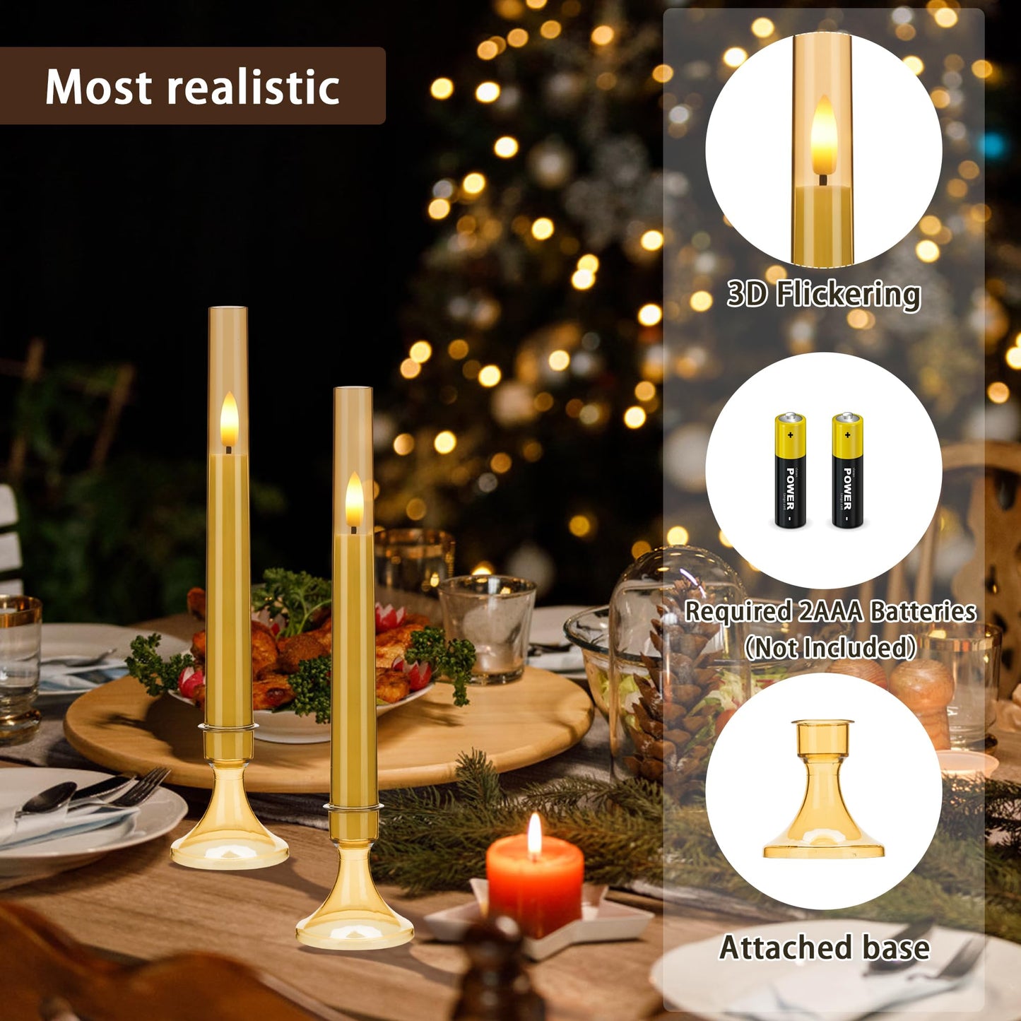 SEHNSY Gold Flameless LED Taper Candles with Remote and Timer, 6 Pack Battery Operated Candles 9.25"x0.75" for Xmas Wedding Decor, 3D Flickering Flameless Candles with Acrylic Candlesticks