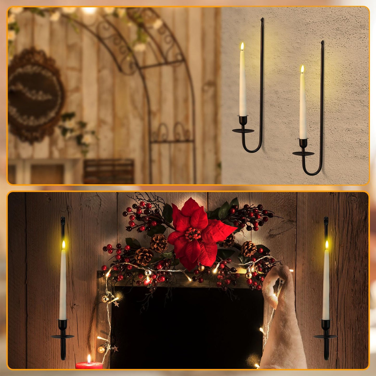 Tessco for you Metal Wall Mount Candle Sconces with 9.6" LED Flameless Taper Candles and Remote Timer 16.5" Wall Hanging Sconces Set for Living Room Fireplace Hallway Stairway(Black,2 Set)