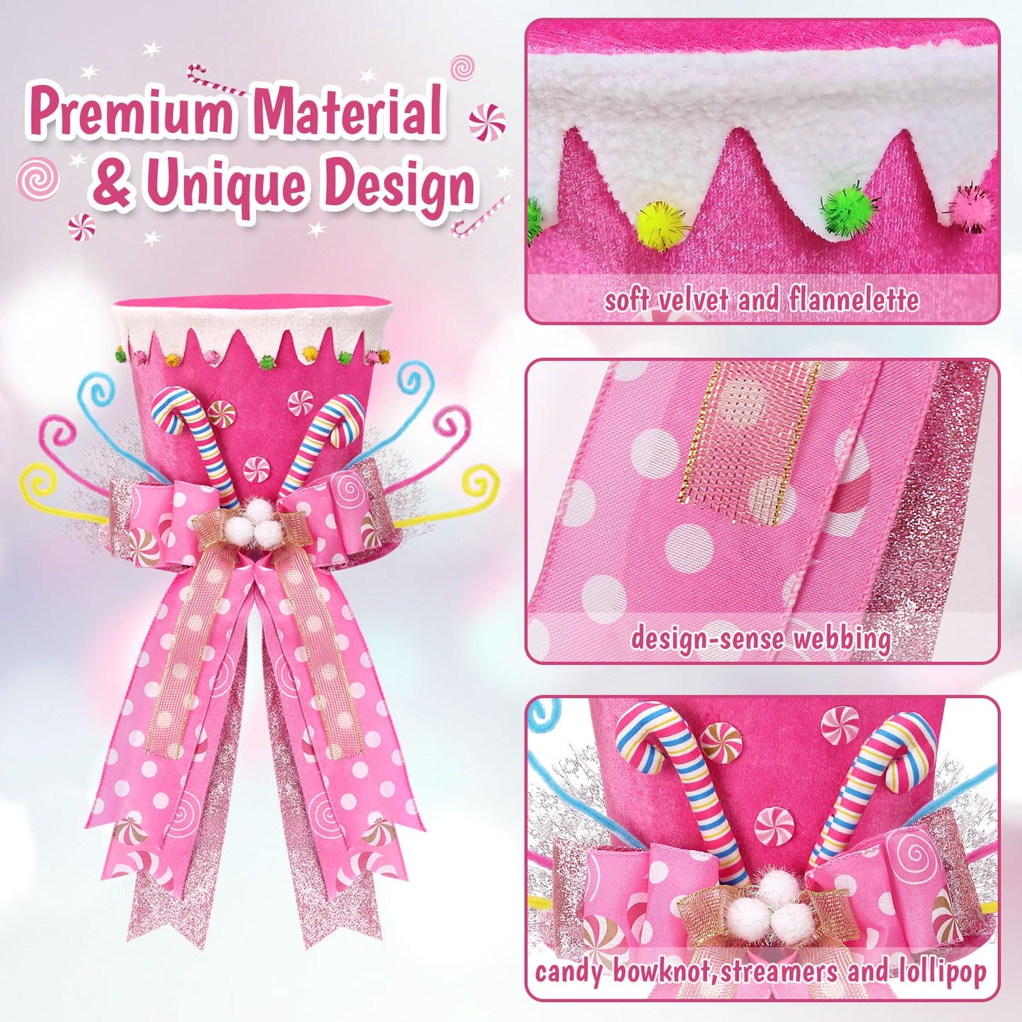 AWHETIE Candy Cane Christmas Tree Topper,Candy Cane Christmas Decorations,Velvet Pink Hat with Peppermint Bows Ribbon Ornaments,Top Hat Christmas Tree Topper for Holiday Xmas Decorations (Pink)