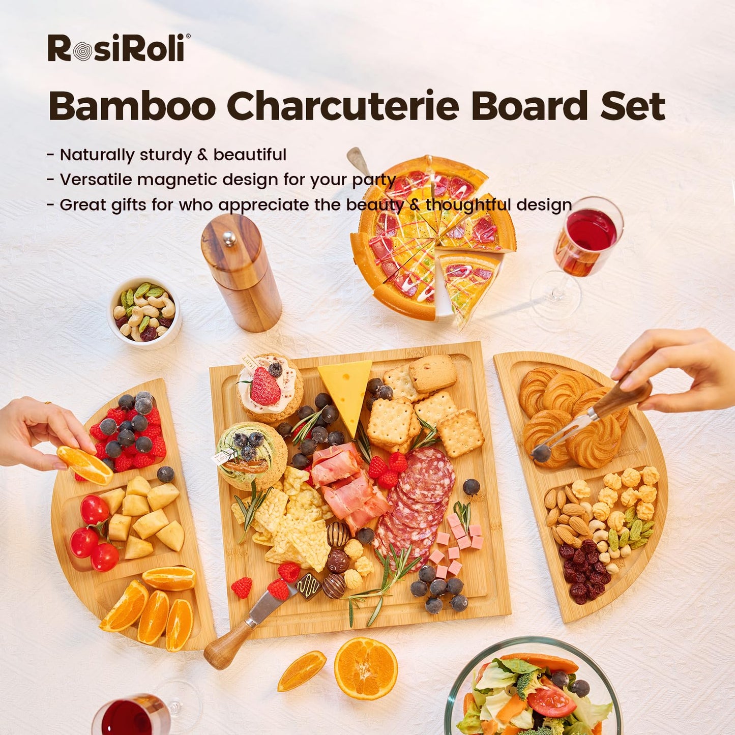RosiRoli Charcuterie Board and Serving Set -Natural Bamboo Cheese Board Snack Tray Set with Magnetic - House Warming Gifts New Home, Wedding Gift, Bridal Shower Gift, Gifts for Mom & Women