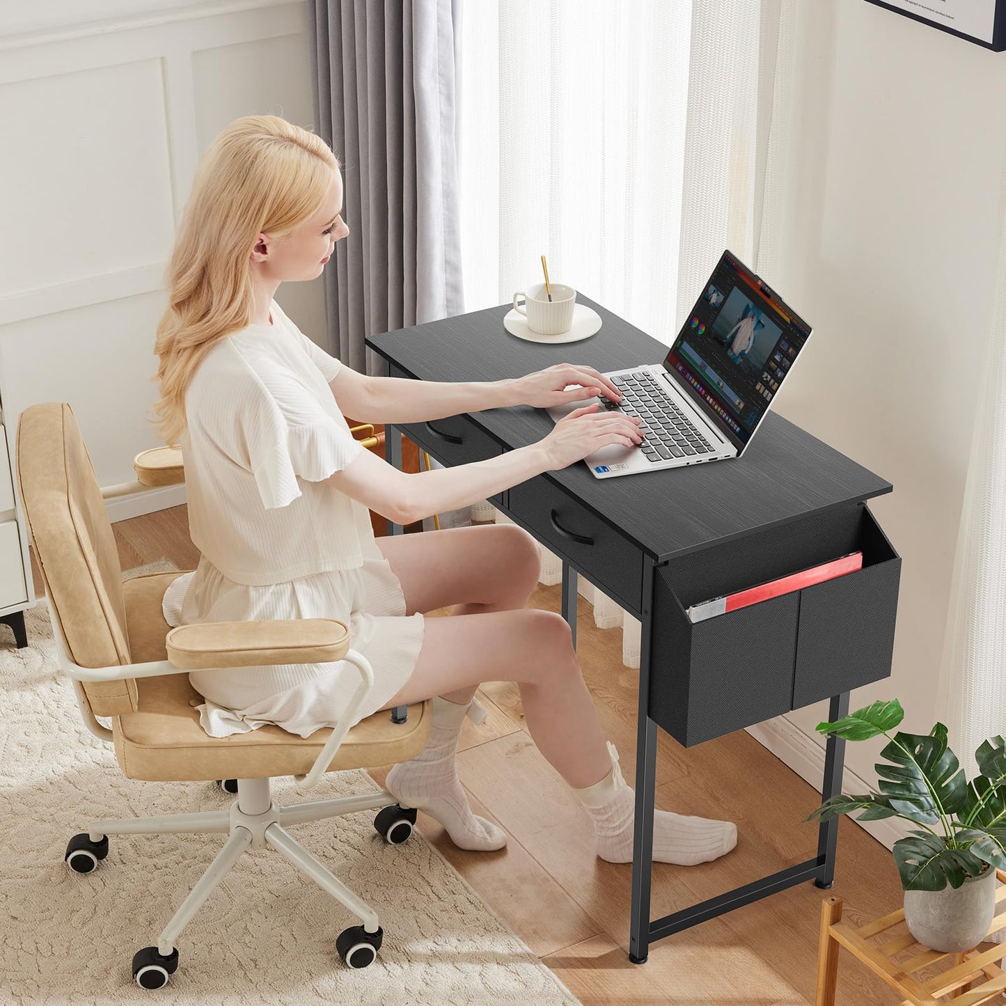 DUMOS 32" Home Office Computer Desk with Drawers, Small Gaming Writing Study Table with Storage Side Bag, Headphone Hook and Adjustable Feet for Bedroom Black