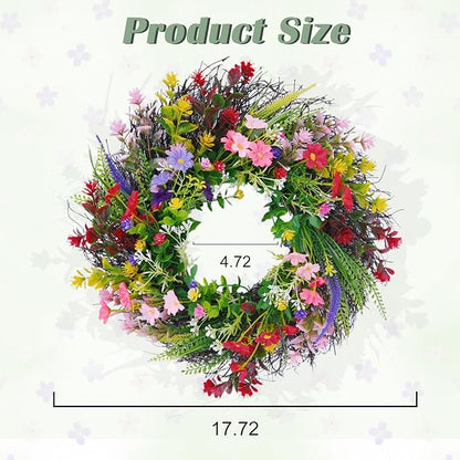Daisy and Lavender Wildflower Spring and Summer Artificial Spring Wreath Silk Summer for Front Door Home Wall Wedding Festival Farmhouse Holiday Decor with Peg (18 inches)