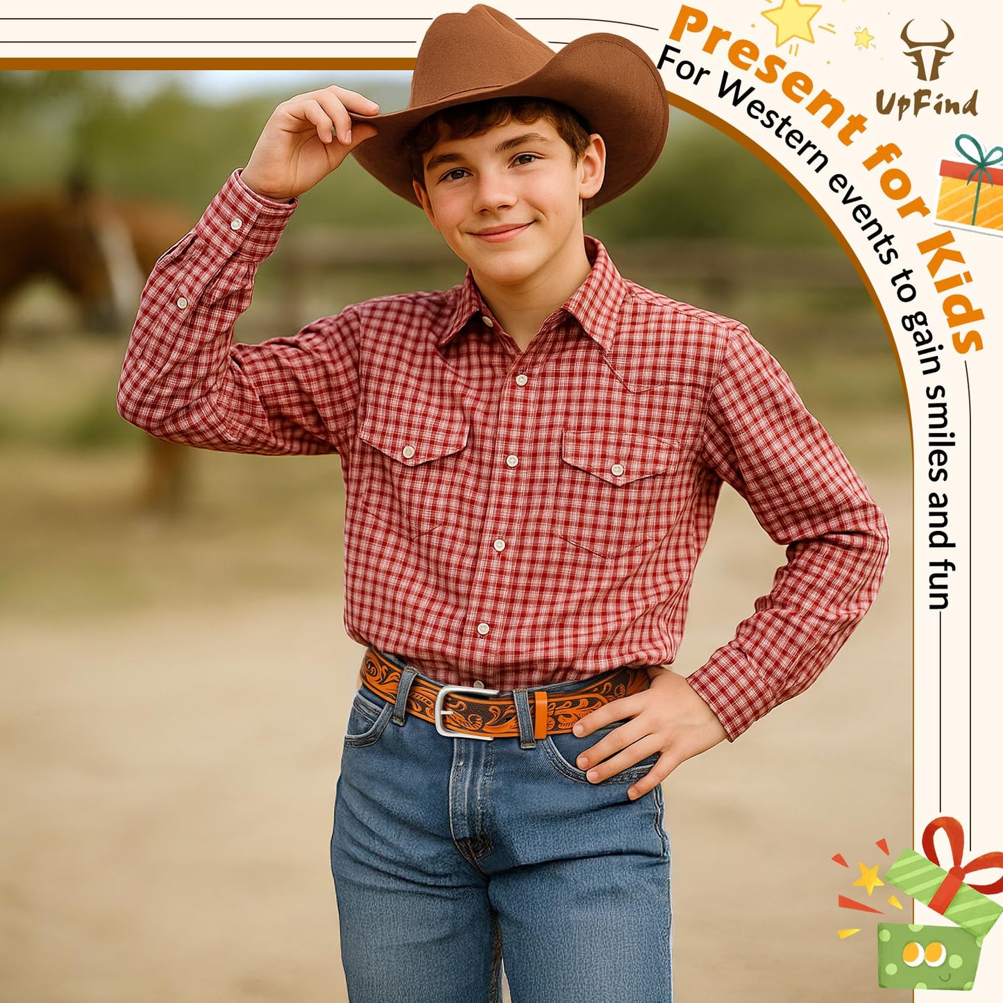 UpFind Boys Western Leather Belt Engraved Kids Cowboy Belt with Pin Buckle for Jeans Pant School Uniform Dress Up, 1.5" Wide