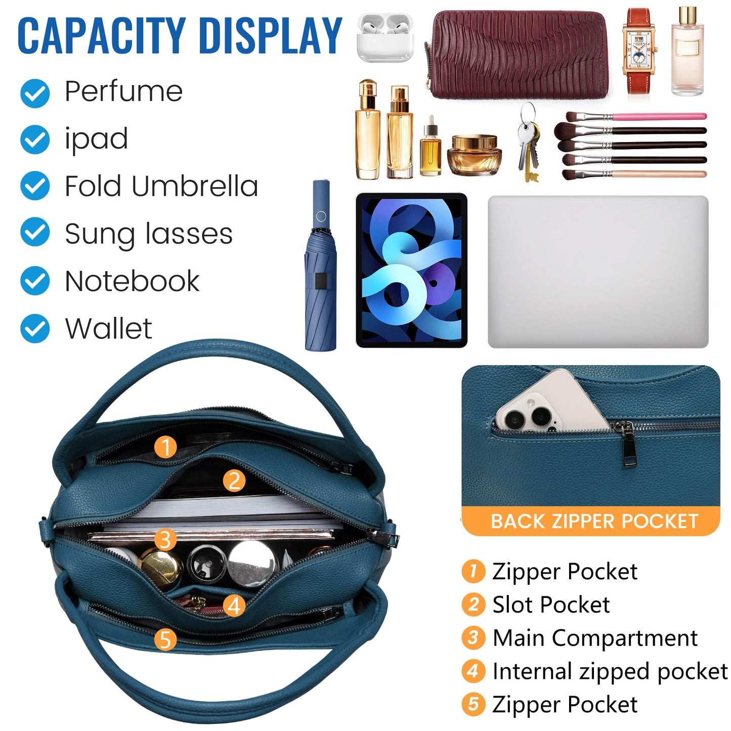 KOGTLA Women's Large Pebbled Leather Purses with Satchel Strap, Ladies Vegan Leather Tote Handbags, Hobo Shoulder Bags Blue