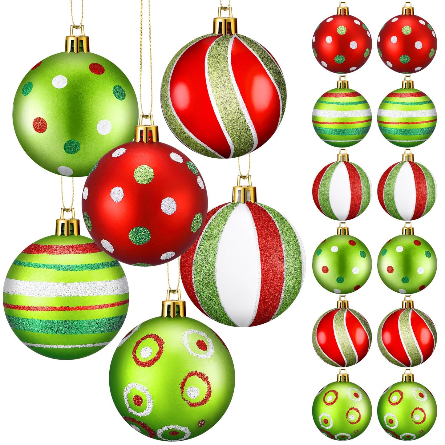 Jetec 24 Pcs Lime Green and Red Christmas Ball Ornaments for Tree 2.4 Inch Polka Dots Stripes Christmas Decorations Shatterproof Peppermint Candy Cane Xmas Baubles for Tree Home Wreath Party Decor