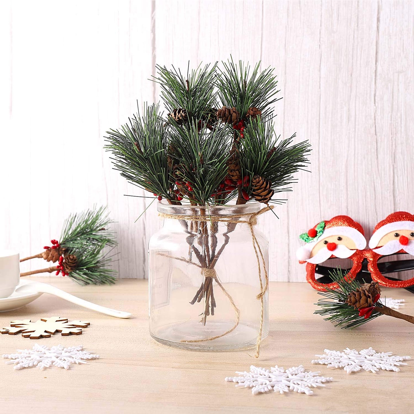 Tmflexe 12Pcs Artificial Pine Picks Artificial Plants Small Pine Picks for Christmas Flower Arrangements Wreaths and Festival Holiday Home Decor, Christmas Decorations