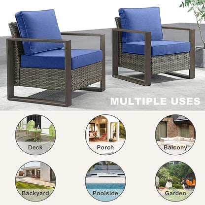 Rilyson Outdoor Wicker Patio Furniture Set - 5 Piece Patio Conversation Set with 2 Wicker Armrest Chairs,2 Rattan Ottoman, 1 Side Table, Sturdy Frame, Thick Cushions, Deep Seating(Mixed Grey/Blue)