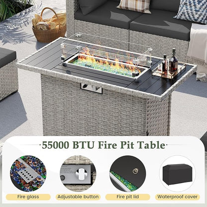 UDPATIO Patio Furniture Set with Fire Pit Table, 8 Pieces Outdoor Sectional Sofa, PE Wicker Patio Conversation Set for Garden, Backyard Black