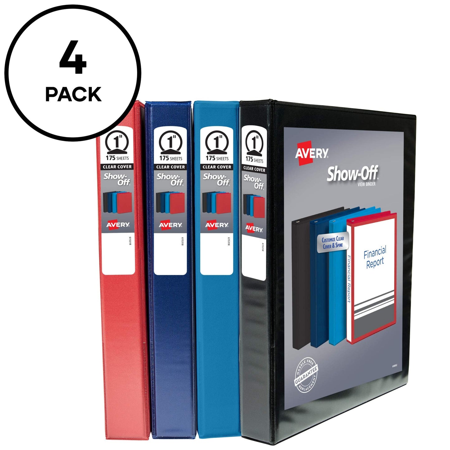 Avery Show-Off Standard View 3 Ring Binder, 1" Round Rings, 175-Sheet Capacity, 1.4 Inch Wide Spine, Color Will Vary (Black, Light Blue, Navy Blue, or Red), Ideal for Light Organization (12789)
