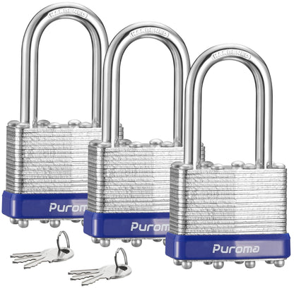 Puroma Lock 3 Pack Padlocks, 1-1/2” Long Shackle Heavy-Duty Locks with 6 Keys, 40mm Hardened Steel Keyed Alike Padlocks for Sheds, Gates, Fences, Toolbox, Outdoor and Indoor Use（Silver