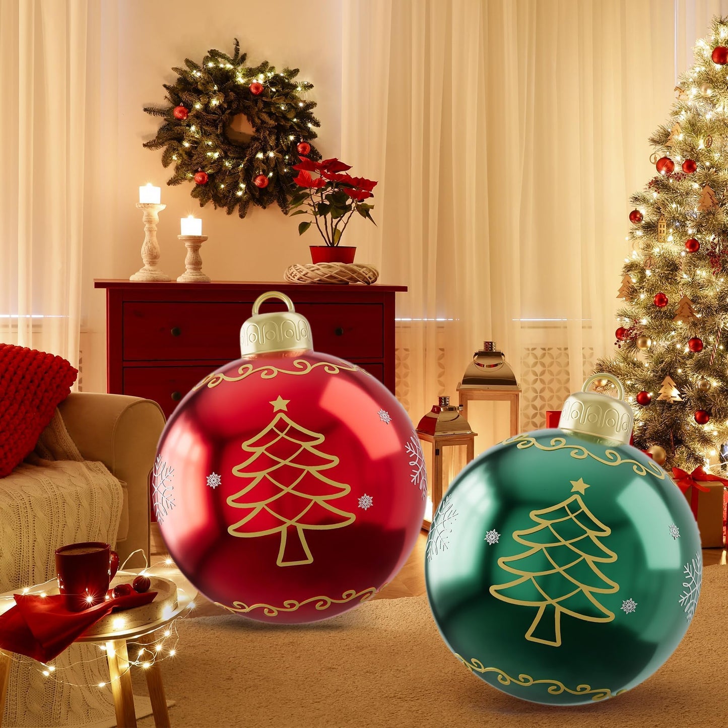 2PCS 24 Inch Inflatable Christmas Ornaments Balls, PVC Giant Blow up Christmas Ornaments, Blow up Jumbo Xmas Balls Outdoor Jumbo Ornament for Outside Holiday Yard Lawn Decor(Red Green Tree)