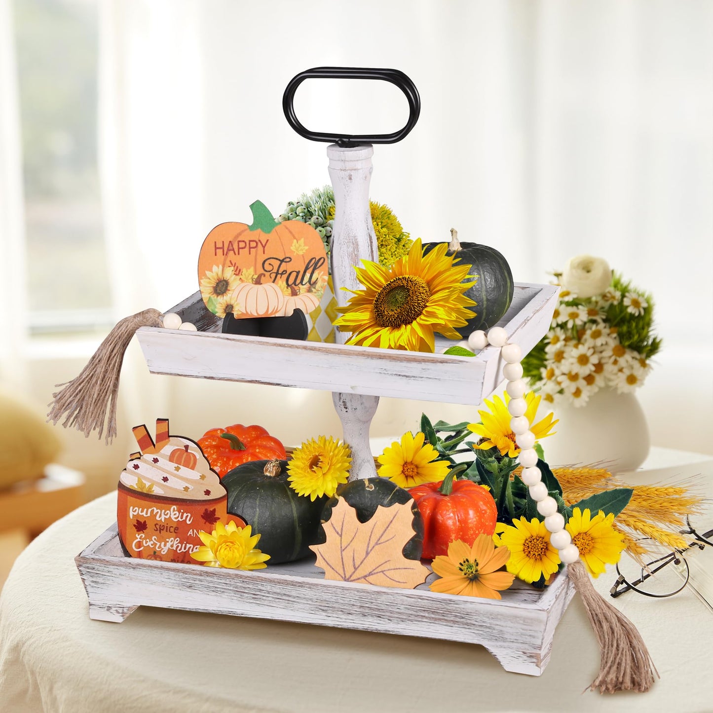 Eufrozy 2-Tier Farmhouse Tiered Tray Stand, Rustic White Wooden Decorative Serving Tray with Metal Handles, Rectangular Display Stand for 4th of July Decorations, Kitchen Table Housewarming Gifts