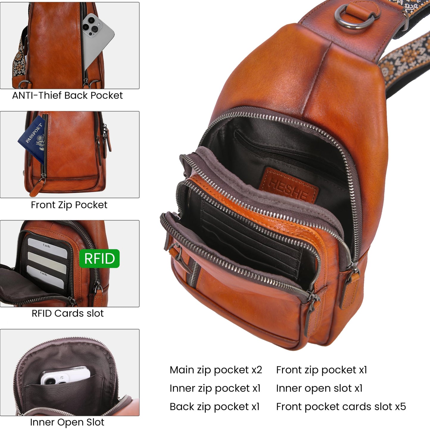 HESHE Leather Sling Bag for Women Crossbody Bags with Multi-Pocket Stylish Fanny Packs for Travel Chest Bag (Brown)
