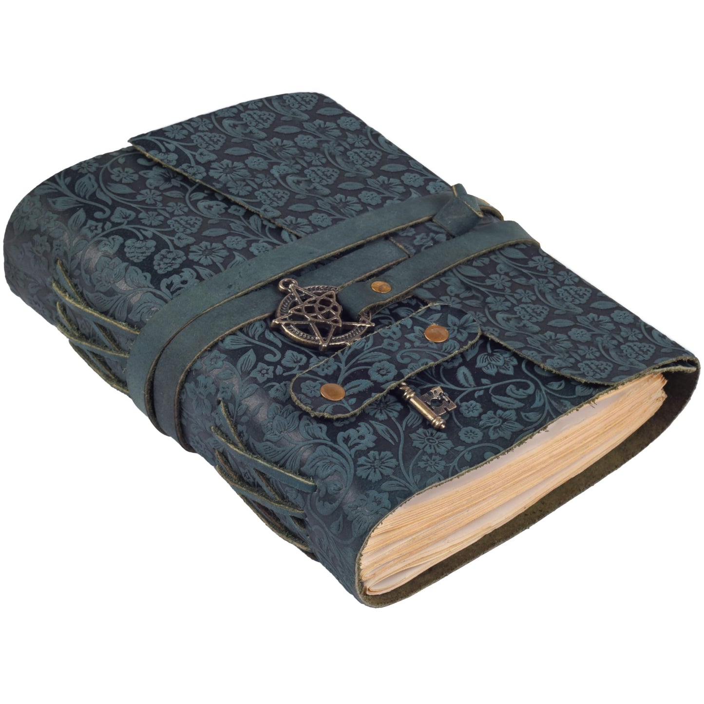 LEATHER VILLAGE Handmade Leather Bound Floral Embossed Journal for Women- Medium | 260 Pages Blank of Vintage Paper Writing, Sketchbook, Notebook - Turquoise - 7X5 Inches
