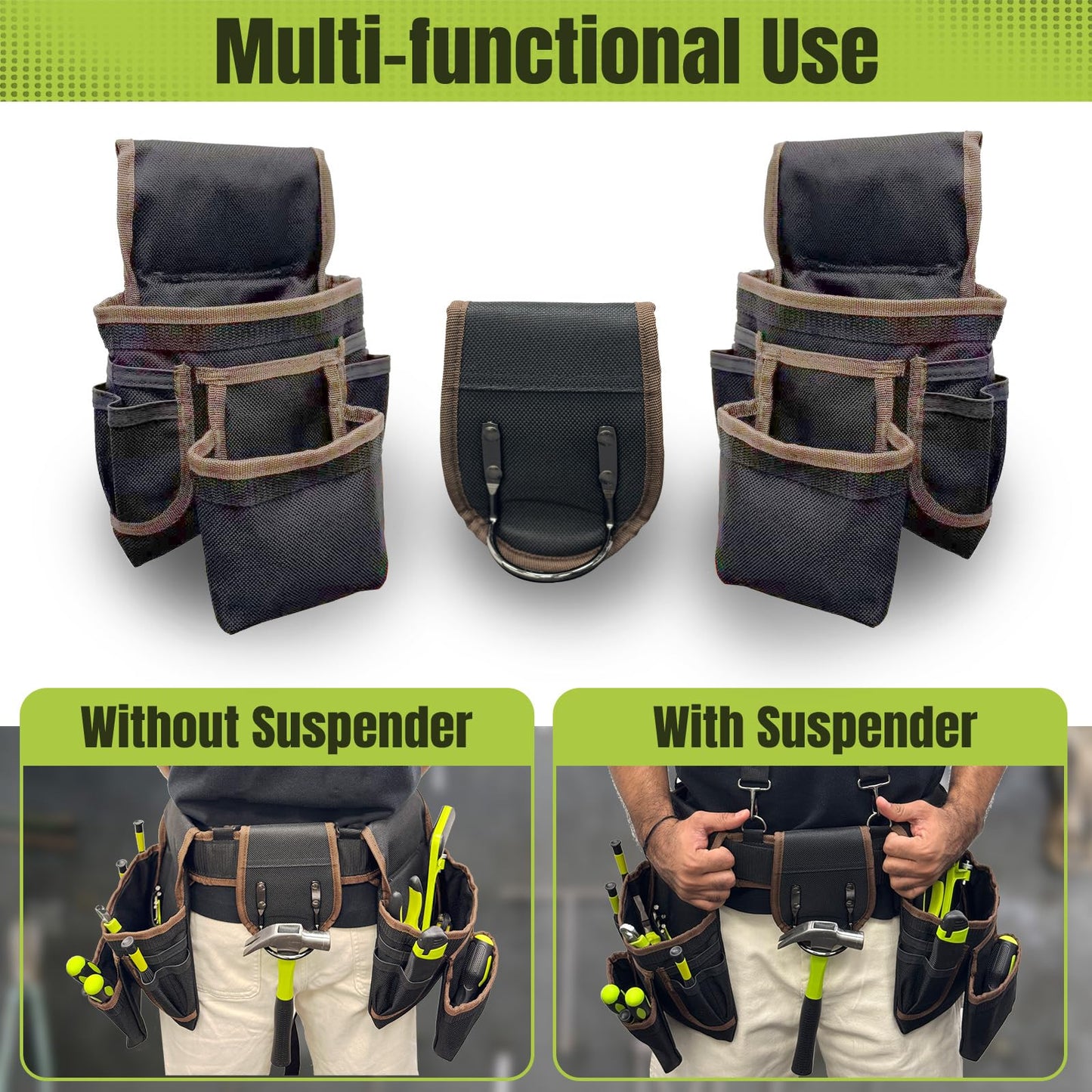 Tool Belt for Men, 32 to 66 Inches Adjustable Waist, Electrician and Carpenter Tool Belt with Suspenders for Construction and Gardening, Black and Brown, Oxford Fabric