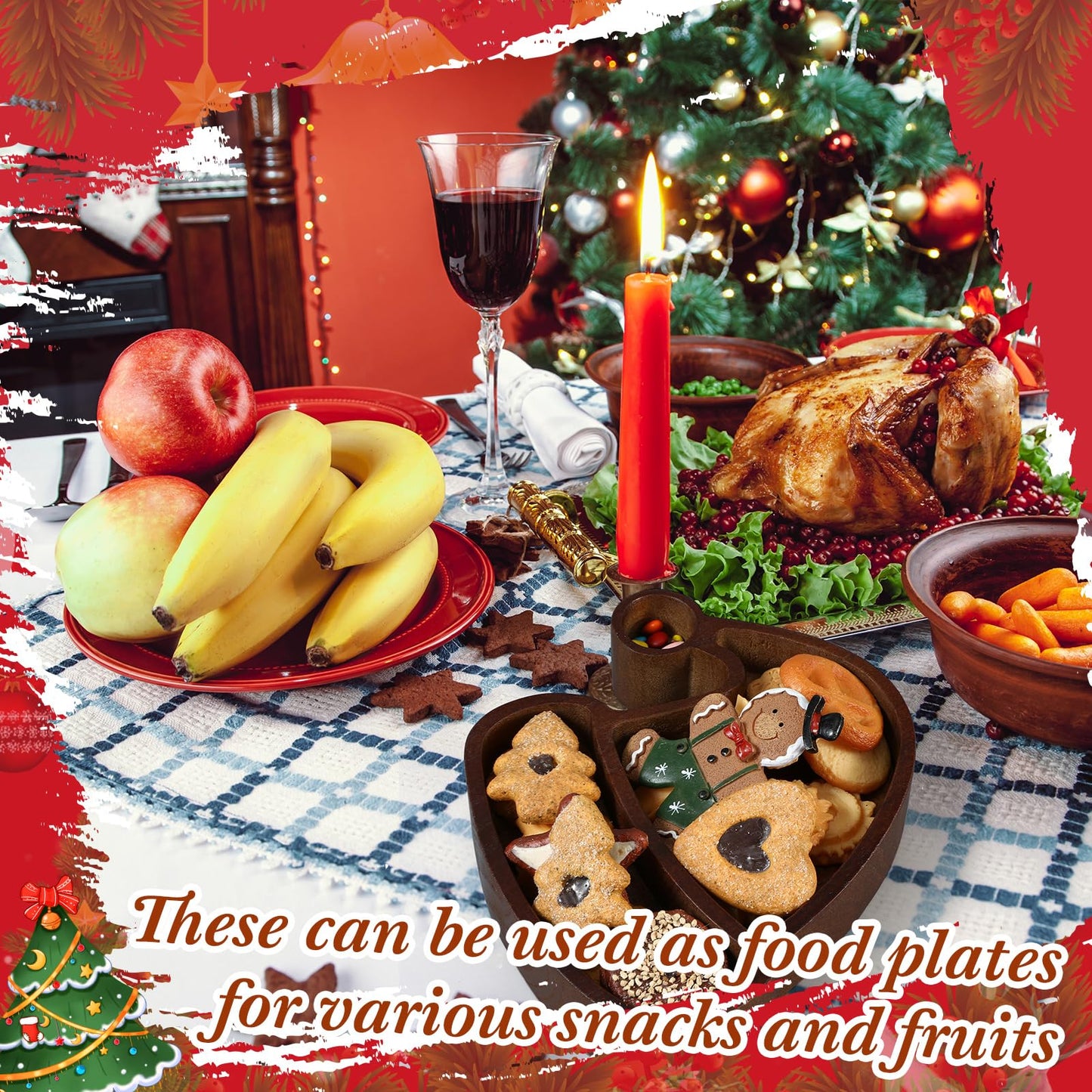 Jingmore 4 Pcs Christmas Wooden Bowl Santa Hat Tray Dough Charcuterie Board Rustic Xmas Sushi Plate Hand Carved Wood Bowl Paulownia Bowls for DIY Decoration Dining Home