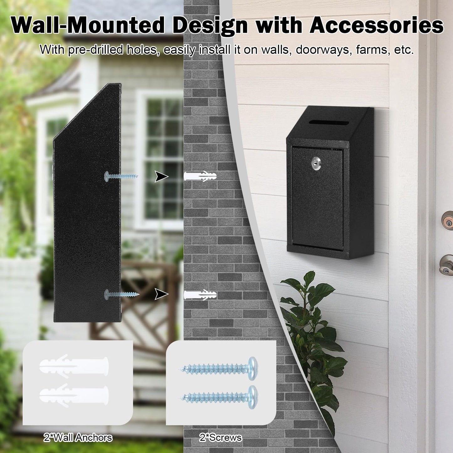 KYODOLED Money Drop Box with Lock & Slot, Metal Cash Collection & Suggestion Box for Farm Stand Sales, Office or Home Wall Mount Use, 10.24x5.7x2.95 Inch, Black
