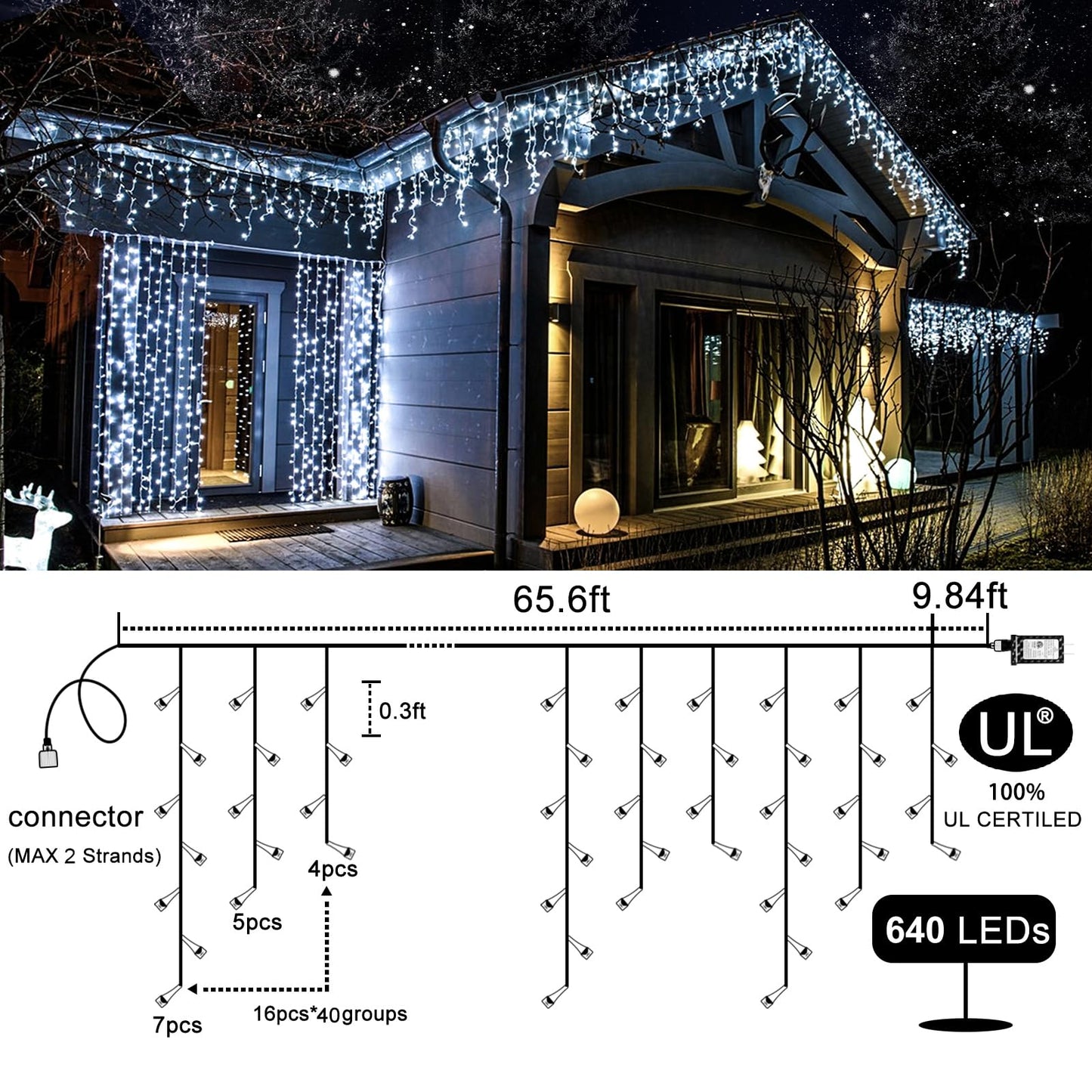 Icicle Christmas Lights Outdoor - 66ft 640 LED Icicle Lights for Outside 8 Modes with 120 Drops, Waterproof Plug in Fairy String Lights for Party Holiday Wedding Christmas Decoration, Cool White