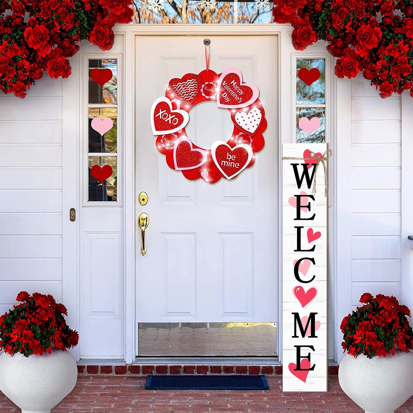 Valentine's Day Wooden Porch Sign 47" Spring Large Welcome Porch Sign for Home Front Door Yard Couple Party Decor (Red)