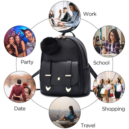 I IHAYNER Girls Fashion Mini Backpack Purse for Women & Teenage Girls - PU Leather Pompom Backpack Shoulder Bag - Black