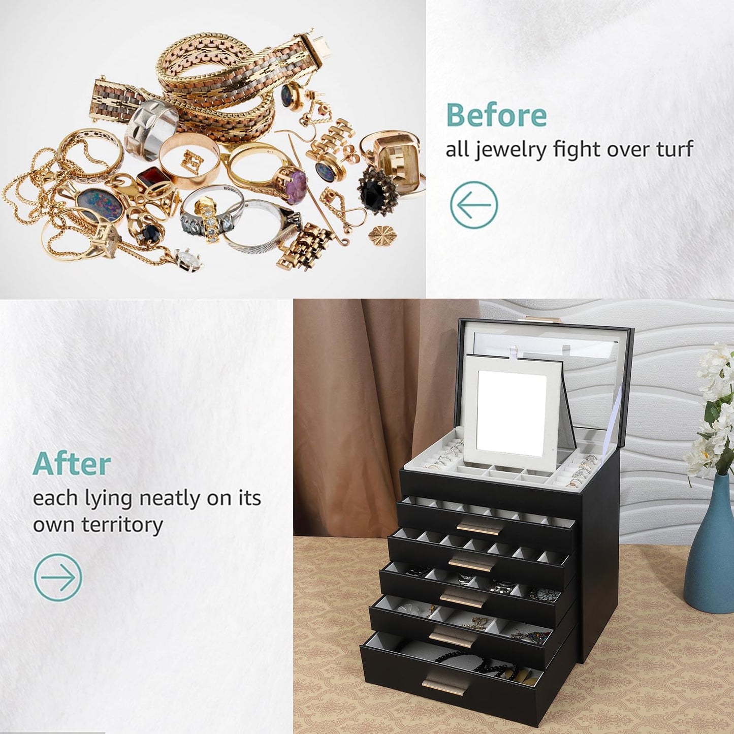 BOOVO Jewelry Boxes for Women, White and Black 6 Layer Large Jewelry Box for Necklace, Bracelet, Earrings, Rings Storage, Jewelry holder Organizer for Girls Gift (Clear Black, 6 layer)