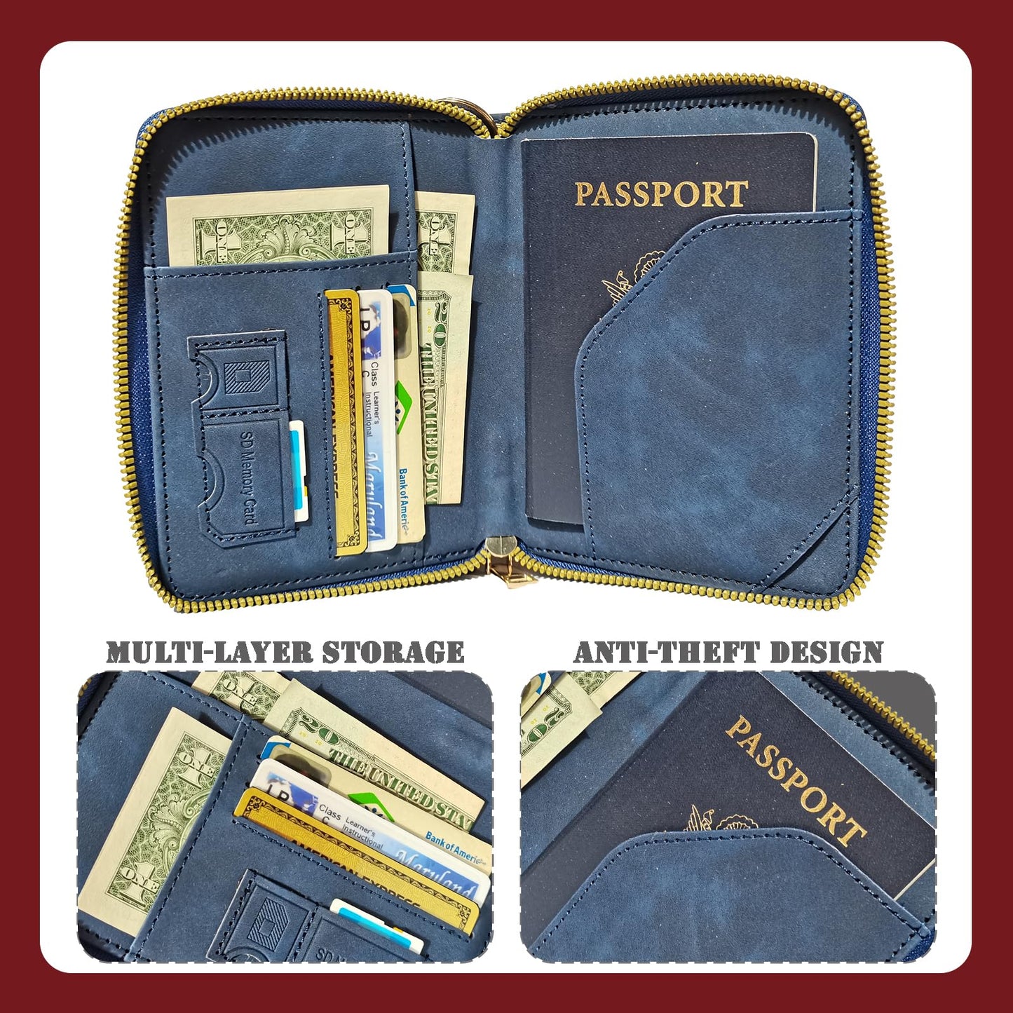 Passport Holder with Tether and Carabiner Clip to Prevent Loss and Theft, Rfid Passport Holder for Travel, Passport Cover, Wallet & Case for Men and Women (Blue - Tether and Carabiner)