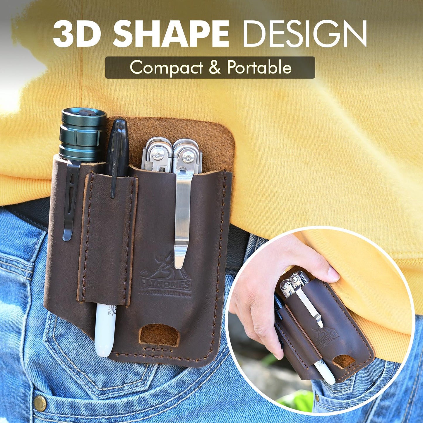 FLYHOMES Genuine Leather Multitool Sheath | Handmade Stitched EDC Belt Organizer for Leatherman Surge & Wave+ | Multi Tool Holster & Pen | Tools Pouch (Dark Brown)