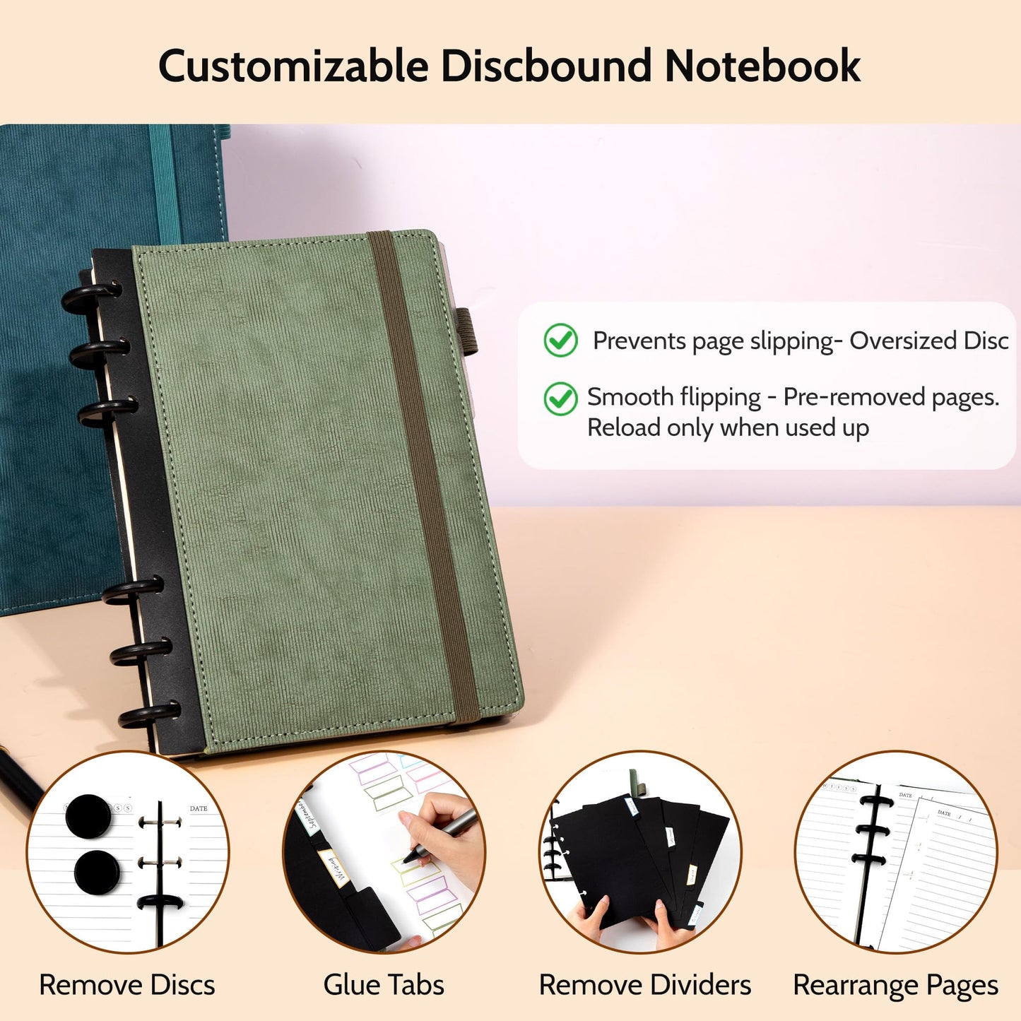 Yoment Leather Journal Notebooks for Work Refillable 224 Page 100 GSM Thick 5 Subject Notebook with Removable Dividers Tabs Hardcover Notebook for School Note Taking Teachers Women Men 6.1 x 8.3,Green