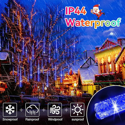 KNONEW Christmas Lights Outdoor, 15 inch 24 Tubes 672 LED Meteor Shower Lights Plug in Waterproof Falling Rain Light for Xmas Tree Wedding Party Garden Holiday Rooftop Decorations (Blue)