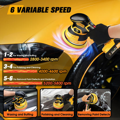 Niusken Cordless Car Buffer Polisher kit [2x 2000mAh 21V Batteries & 18 PCS Attachments] 6-Speed Orbital Design, LED Display, Lightweight Detailing Tool for Waxing, Polishing & Scratch Removal-Yellow