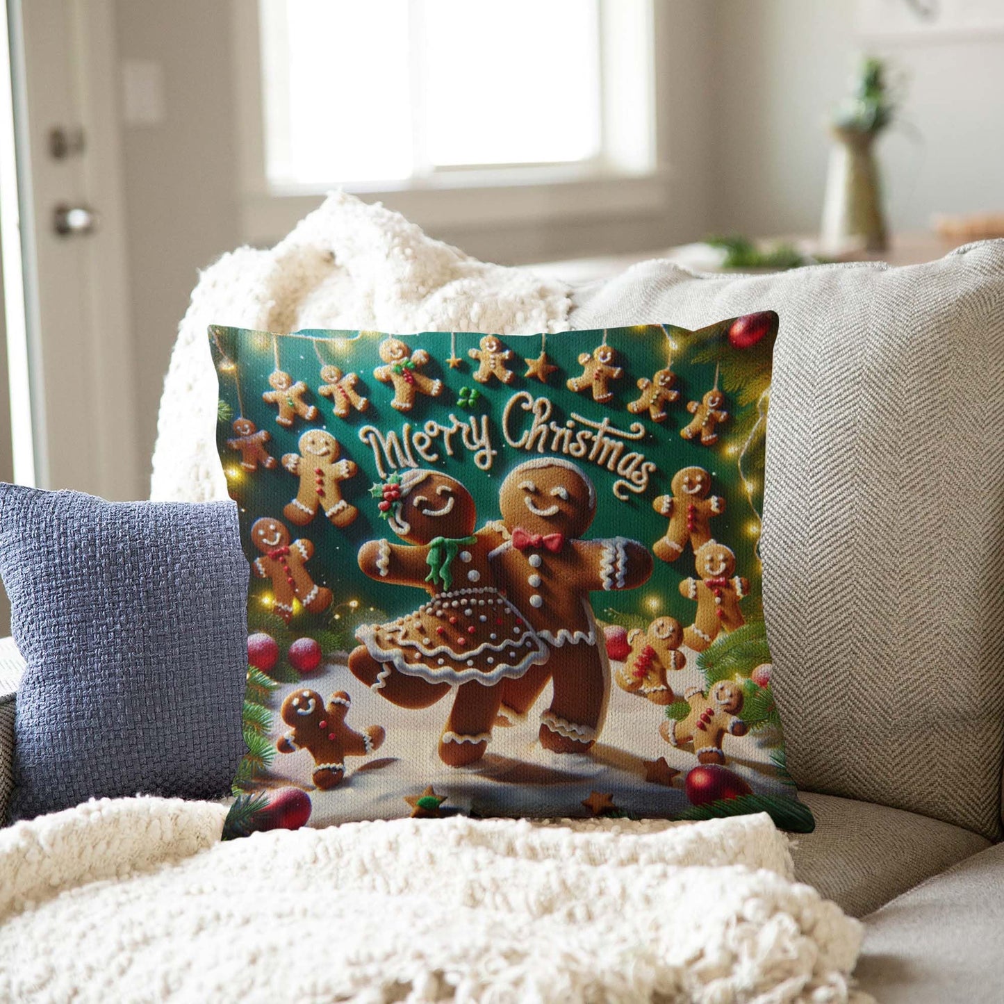 Throw Pillow Cover 20x20 Inch,Gingerbread Man Woman Dancing With Words Merry Christmas Spelled With Gingerbread Men Throw Pillow Case,Home Decor Cushion Covers for Sofa Living Room Couch Bed