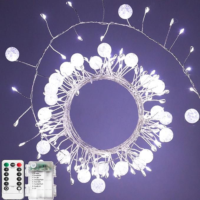 Copper Wire Firecracker Christmas Lights, 10FT 200LED Battery Operated Twinkle Cluster Fairy Lights for Christmas Tree with Remote for Bedroom Dorm Wreath DIY Wedding Christmas Decoration