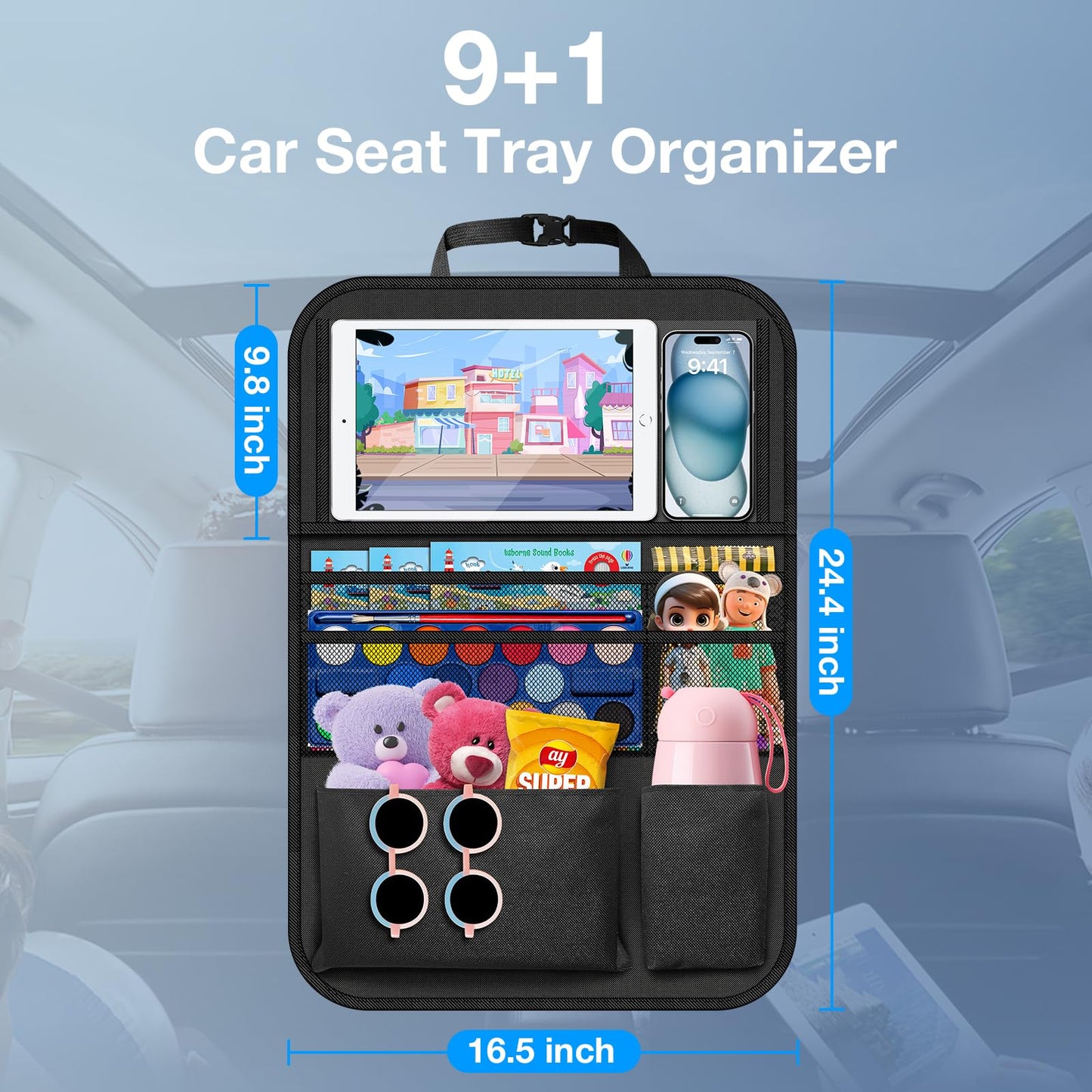 Oneyus Car Backseat Organizer with Table Tray(2-Pack) 9 Storage Pockets Backseat Car Organizer and storage with Tablet Holder, Kick Mats Back Seat Cover for Kids family Road Trip Essentials Travel