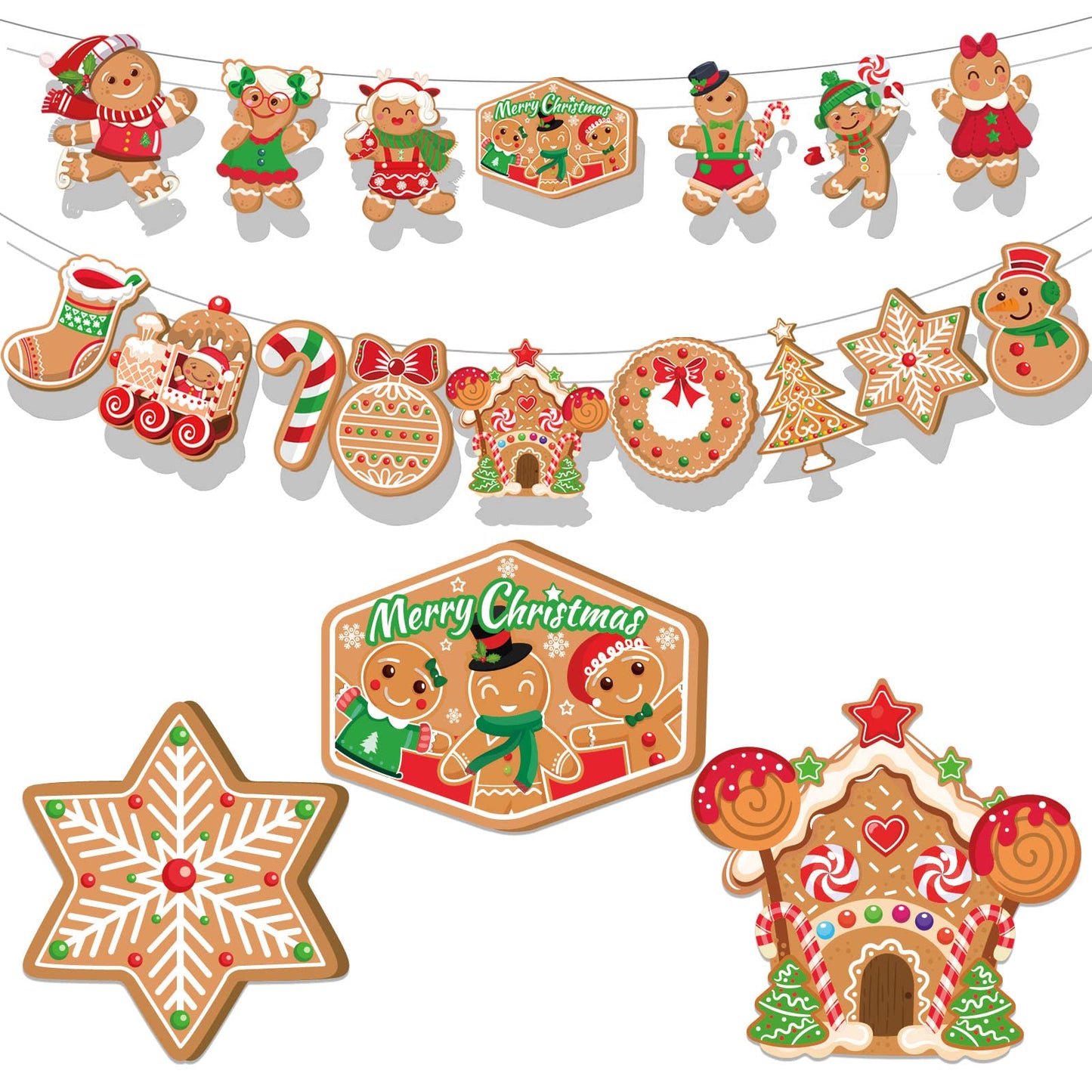 HOWAF Christmas Gingerbread Man Hanging Banner, Merry Christmas Backdrop banner-Snowflake, Christmas Tree, Candy Canes, Christmas Stockings Design Christmas Party Decorations Winter Home Ornament
