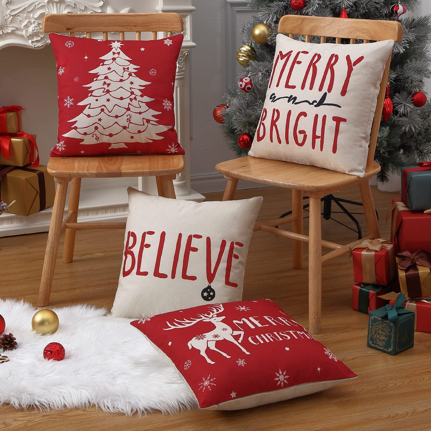 CAROMIO Christmas Decoration Pillow Covers 18 x18 Set of 4 Farmhouse Decorative Throw Pillows for Home Deer Rustic Xmas Tree Pillow Cases Winter Holiday Decor Throw Cushion Cases for Sofa Couch