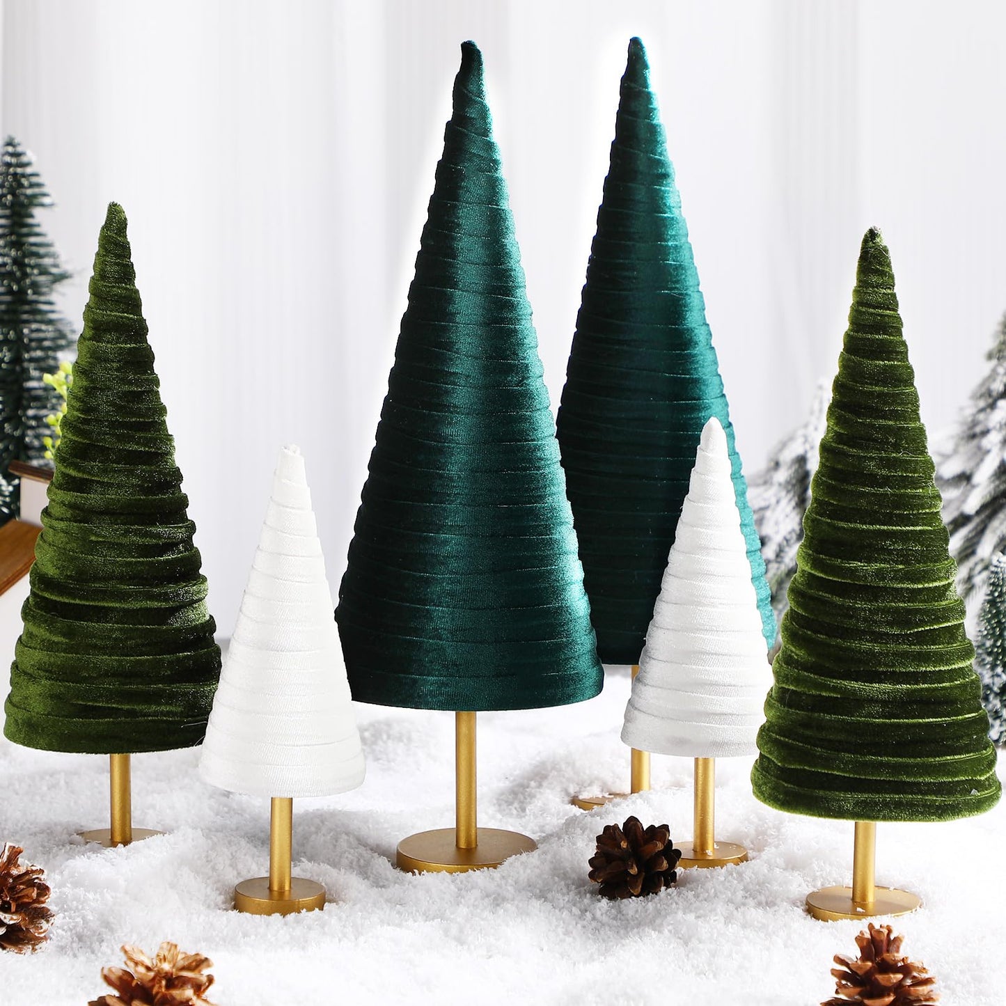 Hoolerry 6 Pcs Christmas Velvet Trees with Gold Pedestal Christmas Velvet Cones Tree Mantel Decor Modern Rustic Winter Home Minimalist for Holiday Entryway Table Wedding Centerpiece (Forest Green)