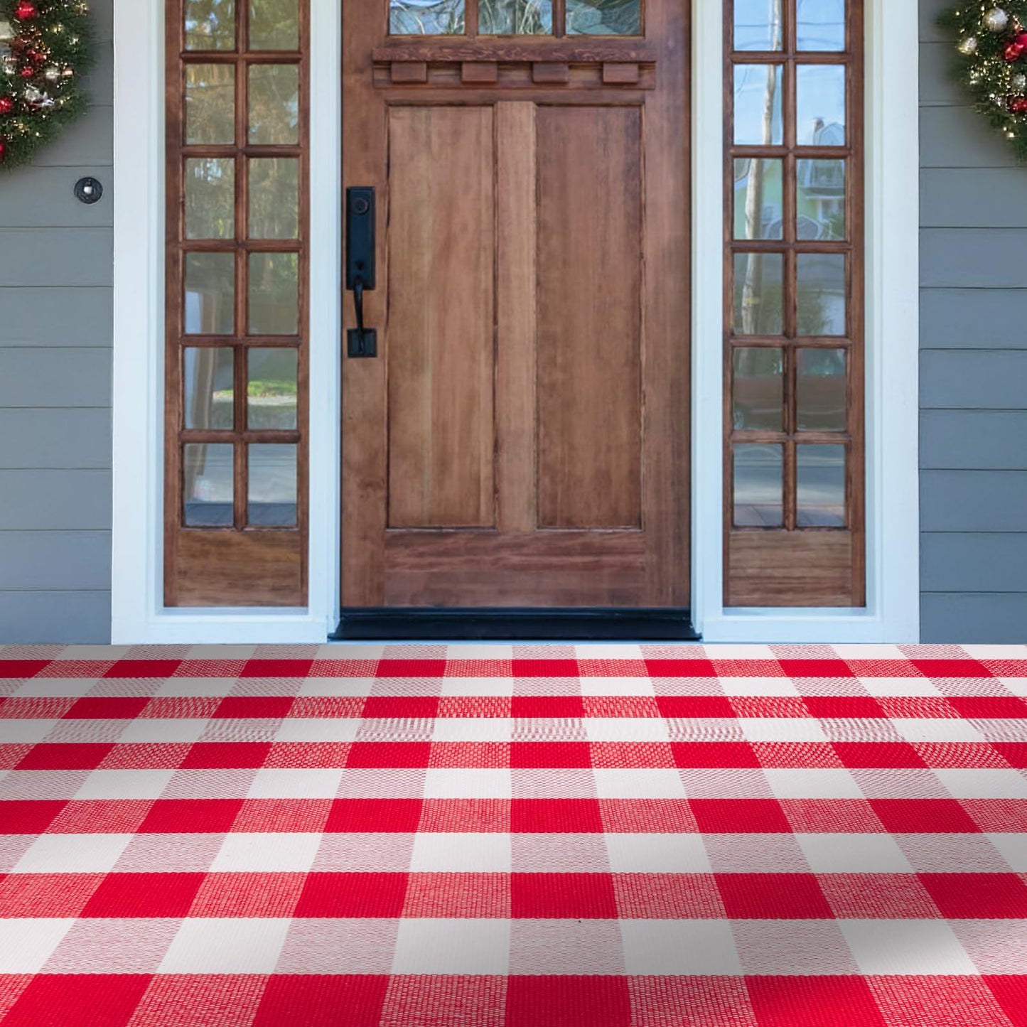 Christmas Red and White Plaid Rug 4 x 6 Ft, Hand-Woven Indoor/Outdoor Layered Cotton Blend Buffalo Plaid Rug, Washable Front Door Mat, Perfect for Porch, Living Room, Entryway