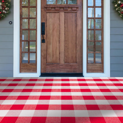 Christmas Red and White Plaid Rug 4 x 6 Ft, Hand-Woven Indoor/Outdoor Layered Cotton Blend Buffalo Plaid Rug, Washable Front Door Mat, Perfect for Porch, Living Room, Entryway