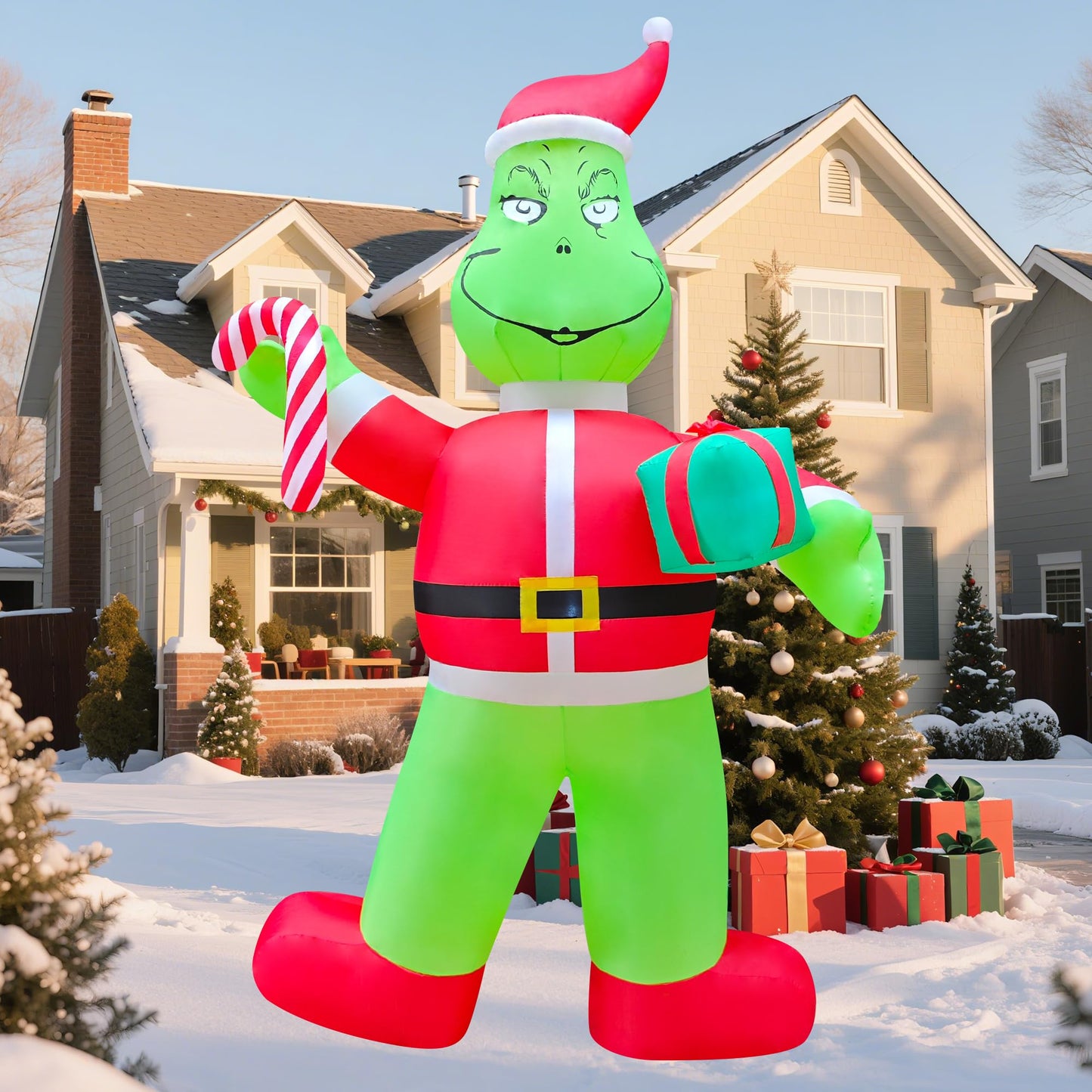 eLUUGIE 12ft Giant Christmas Inflatable Yard Decor Green Santa Monster Build-in LED Outdoor Blow up Christmas Decorations for Yard/Lawn/Garden