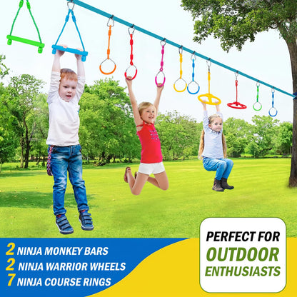 VECKYJL Ninja Warrior Obstacle Course Attachments - 7 Monkey Rings, 2 Monkey Bars, 2 Ninja Wheel, Backyard Obstacle Course Set Accessories for Backyard Outdoor Training
