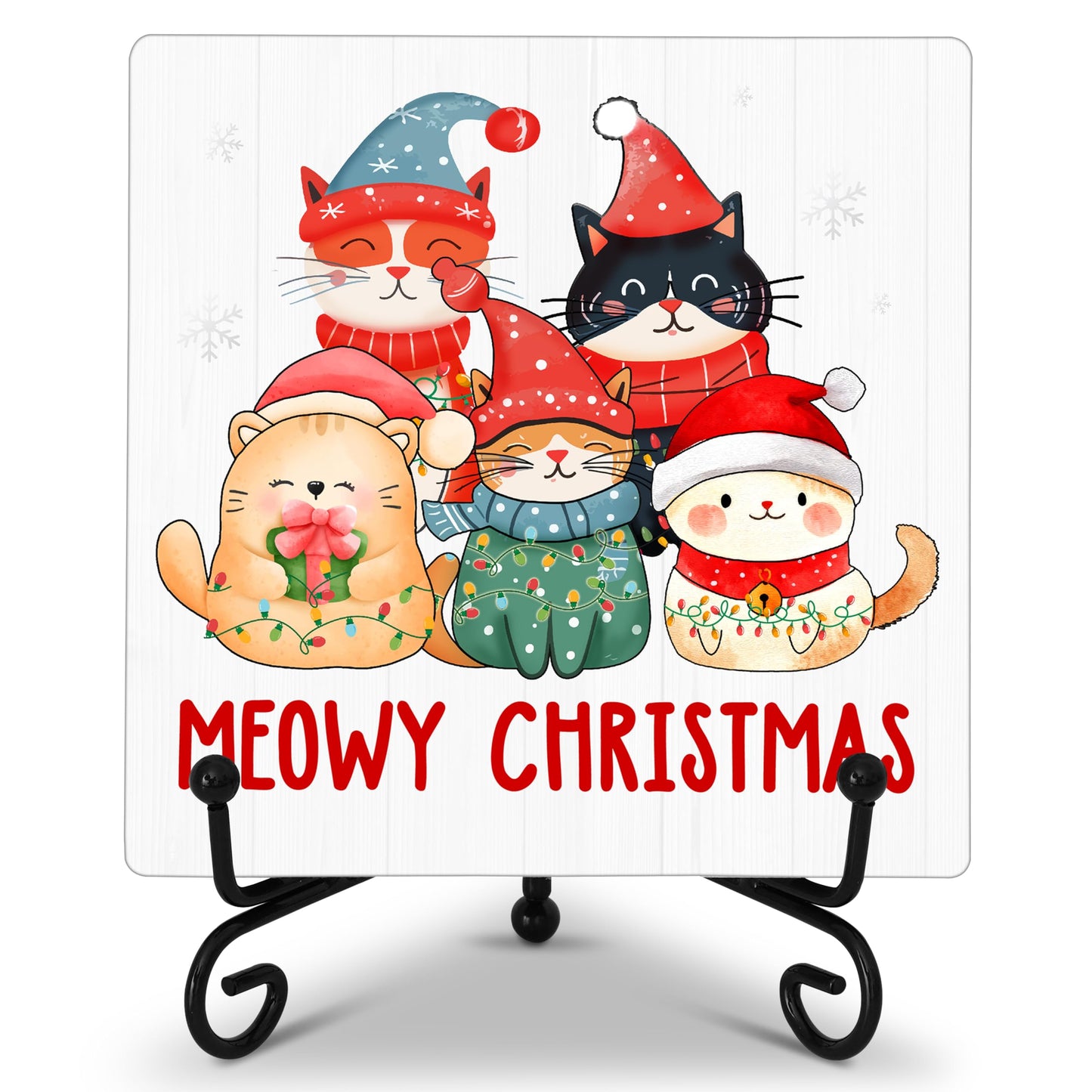 Cazhes Cute Christmas Cat Wooden Decor, Meowy Christmas Decorations for Home Bedroom, 5x5 Inches Xmas Sign with Iron Stand, Cat Lover Birthday New Year Gifts-G10